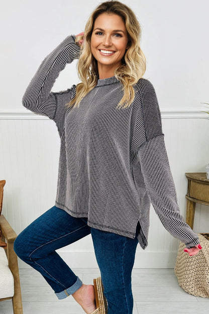 Black Twist Ribbed Exposed Seam Detail Long Sleeve Loose Top