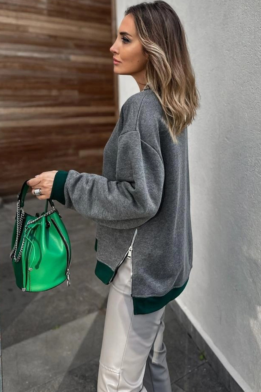 Medium Grey Contrast Trim Round Neck Zip Side Slit Baggy Sweatshirt