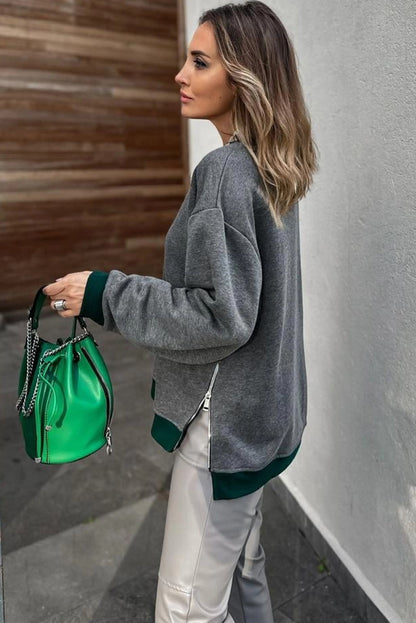 Medium Grey Contrast Trim Round Neck Zip Side Slit Baggy Sweatshirt