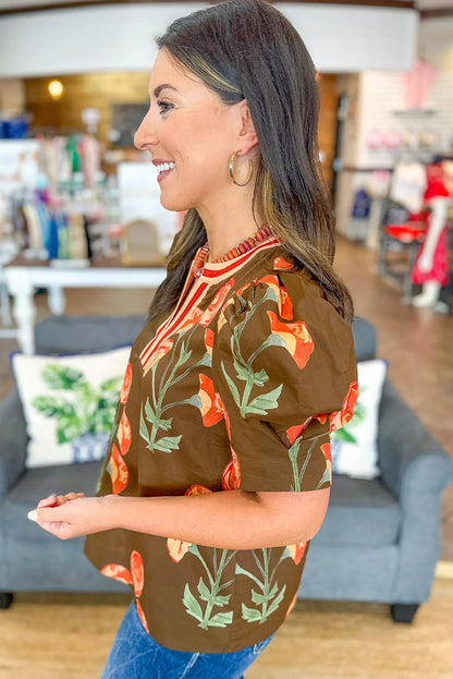 Brown Floral Print Short Puff Sleeve Contrasted Striped V Neck Blouse