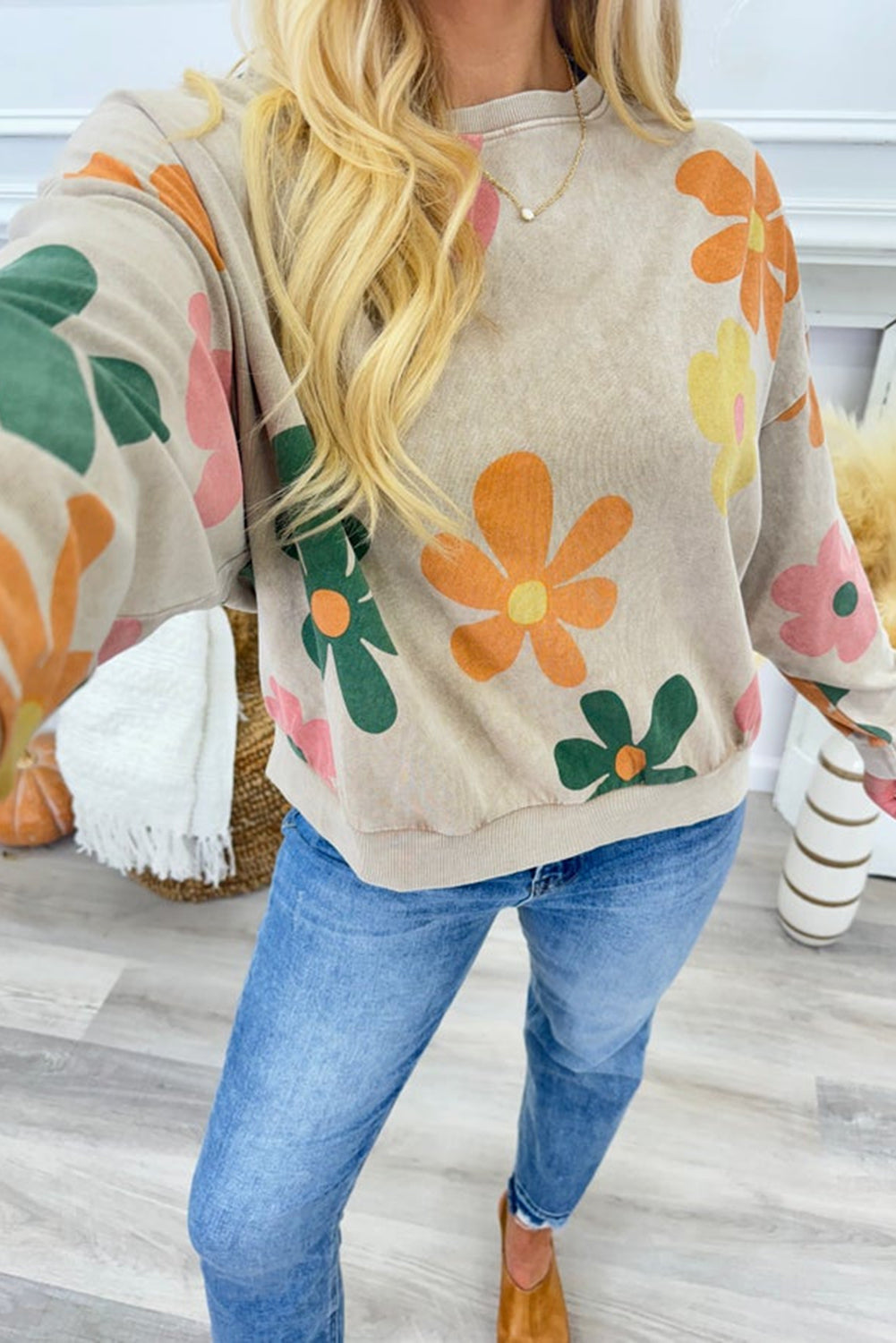 Khaki Big Flower Printed Drop Shoulder Mineral Wash Sweatshirt