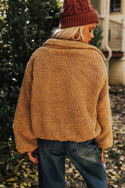 Light French Beige Collar Zip Up Pocketed Sherpa Jacket