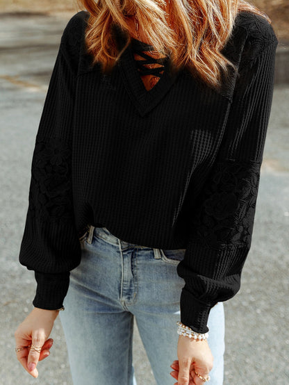 Elegant Black Lace Patchwork V Neck Long Sleeve Knit Top