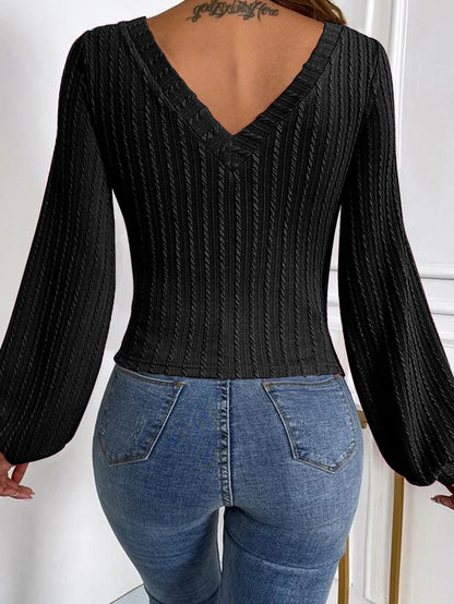 Elegant Black Knit V Neck Top with Lantern Sleeves