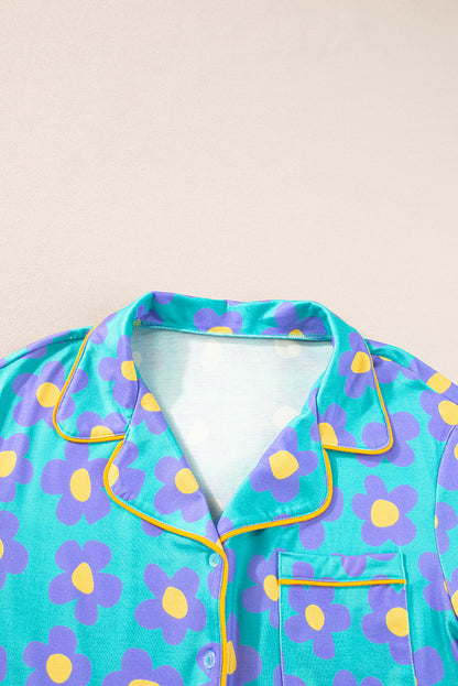 Green Floral Print V-Neck Short Sleeve Pajama Set