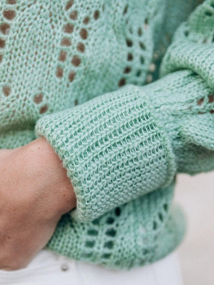 Green Pointelle Knit Sheer Sweater