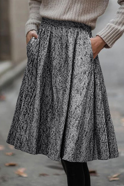 White Solid Color Textured Pleated Midi Skirt