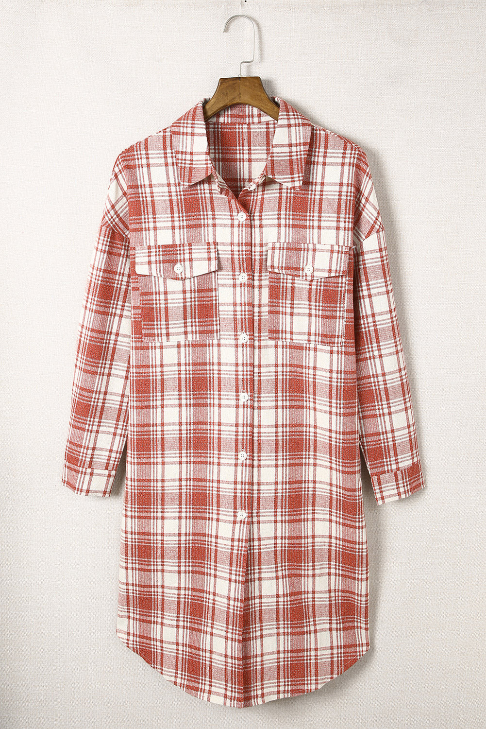 Fiery Red Plaid Print Longline Button-Up Jacket