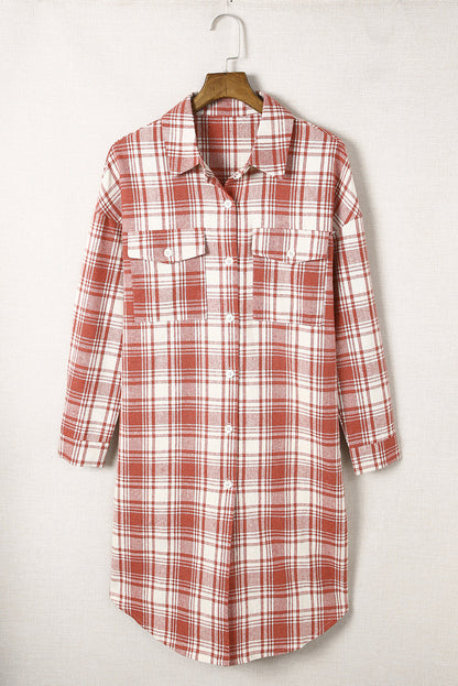 Fiery Red Plaid Print Longline Button-Up Jacket