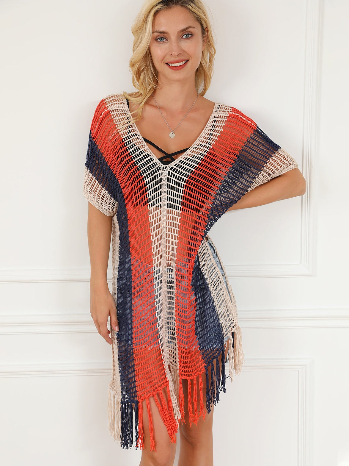Beach Ready Striped Crochet Tassel Cover Up Dress