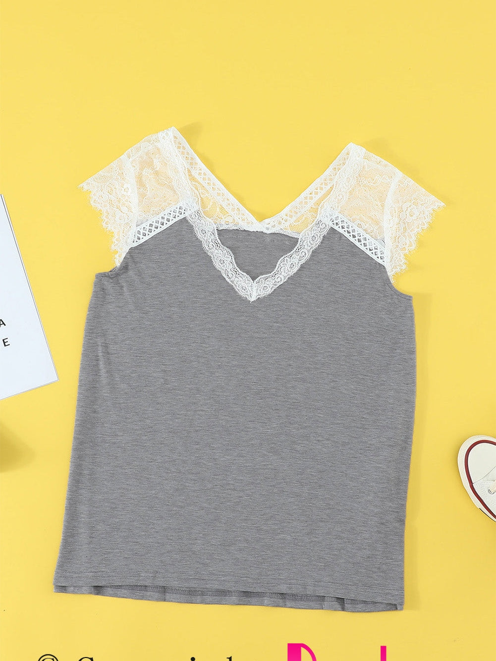 Gray Knit Lace Detail Cap Sleeve Top