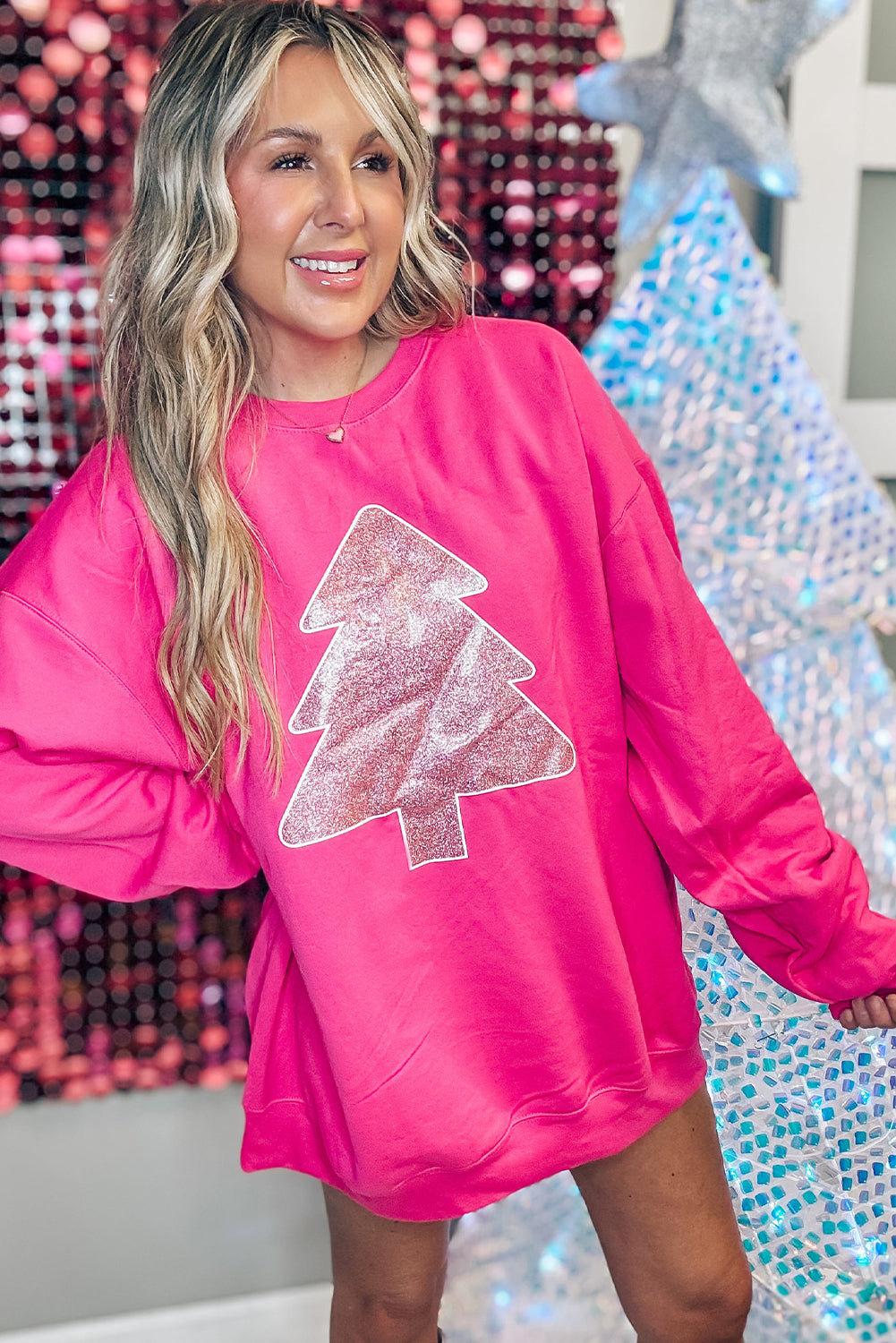 Rose Red Christmas Tree Print Oversize Tunic Sweatshirt