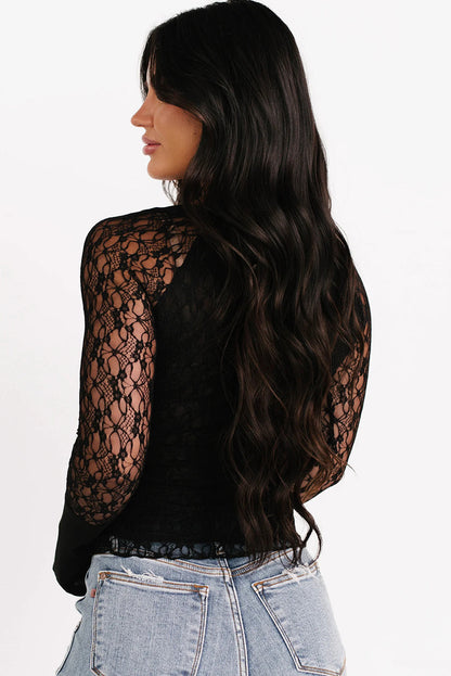 Black Sheer Lace Long Sleeve Slim Henley Top