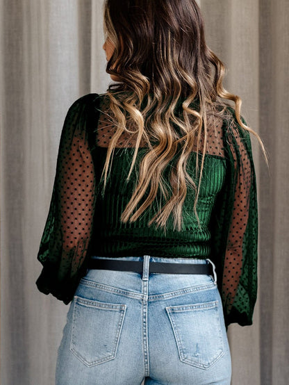 Green Polka Dot Sheer Long Sleeve Velvet Bodysuit