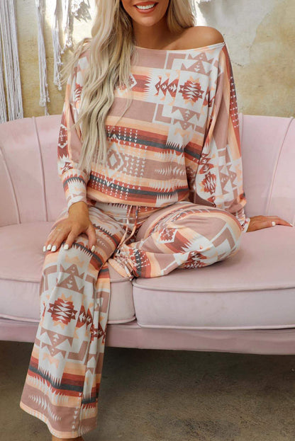 Aztec Bliss Multicolour Lounge Set with Puff Sleeves and Wide Leg Pants