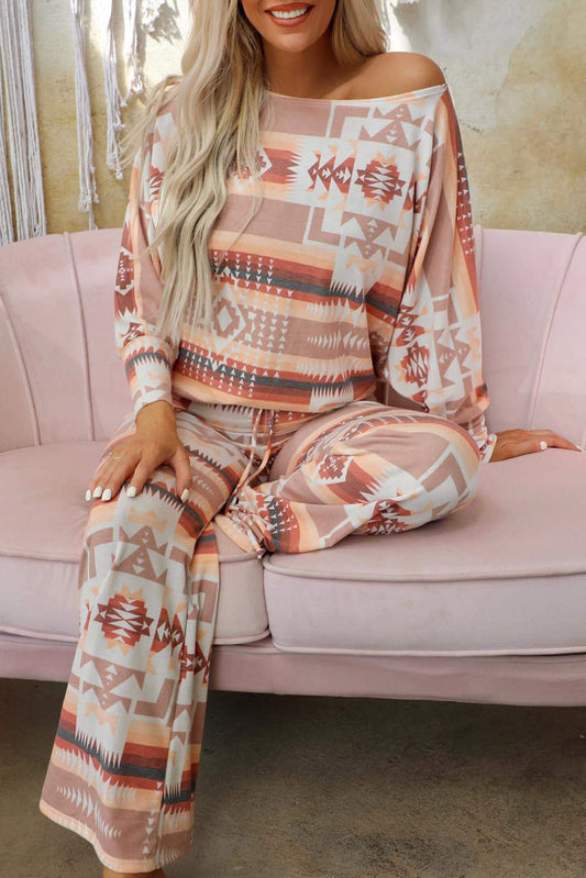 Aztec Bliss Multicolour Lounge Set with Puff Sleeves and Wide Leg Pants
