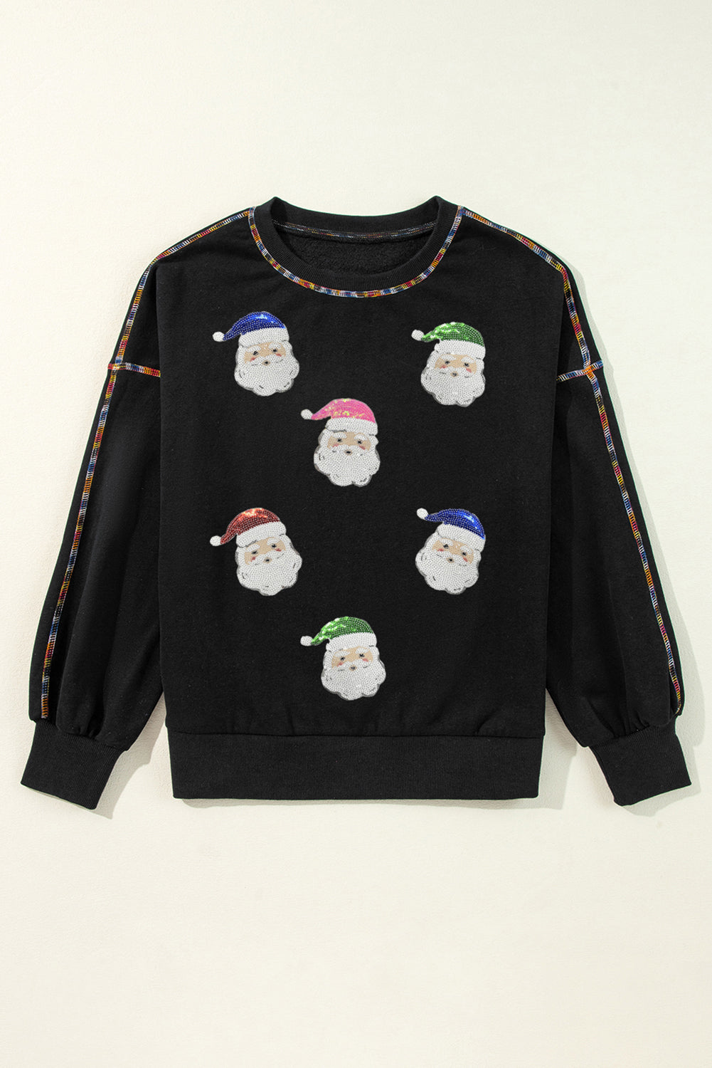 Black Colorful Stitch Trim Sequin Patched Santa Claus Baggy Sweatshirt