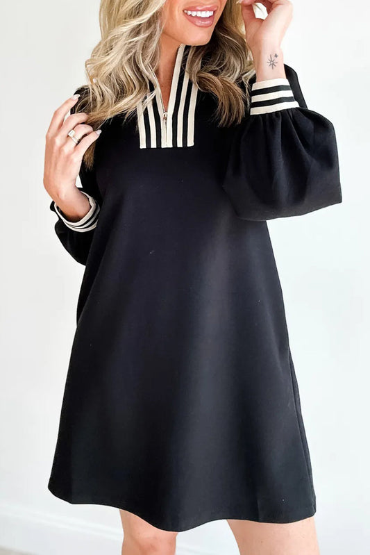 Black Striped Patchwork Zip Neck Long Sleeve Shift Mini Dress