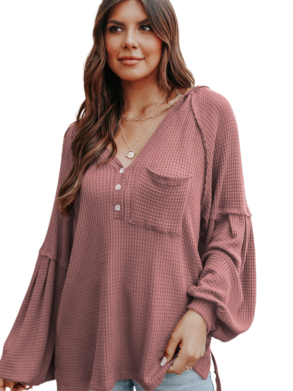 Fiery Red Oversized Waffle Knit Henley Hoodie with Drop Shoulder