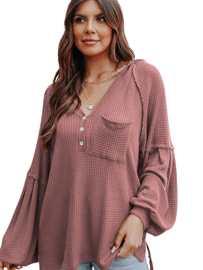 Fiery Red Oversized Waffle Knit Henley Hoodie with Drop Shoulder