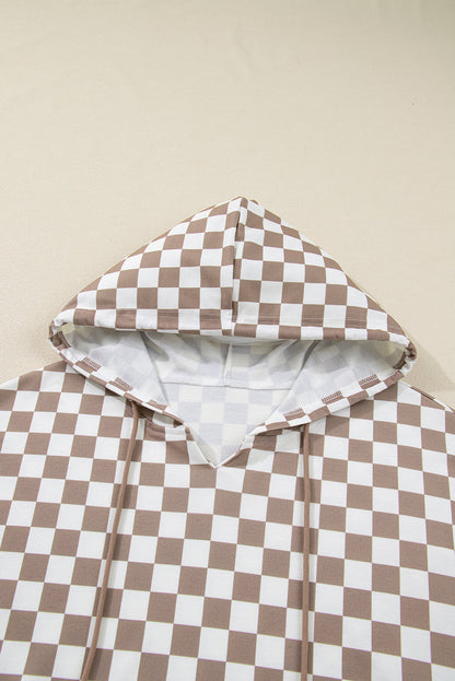 Khaki Double Checkered Patchwork Tie Neck Oversize Hoodie