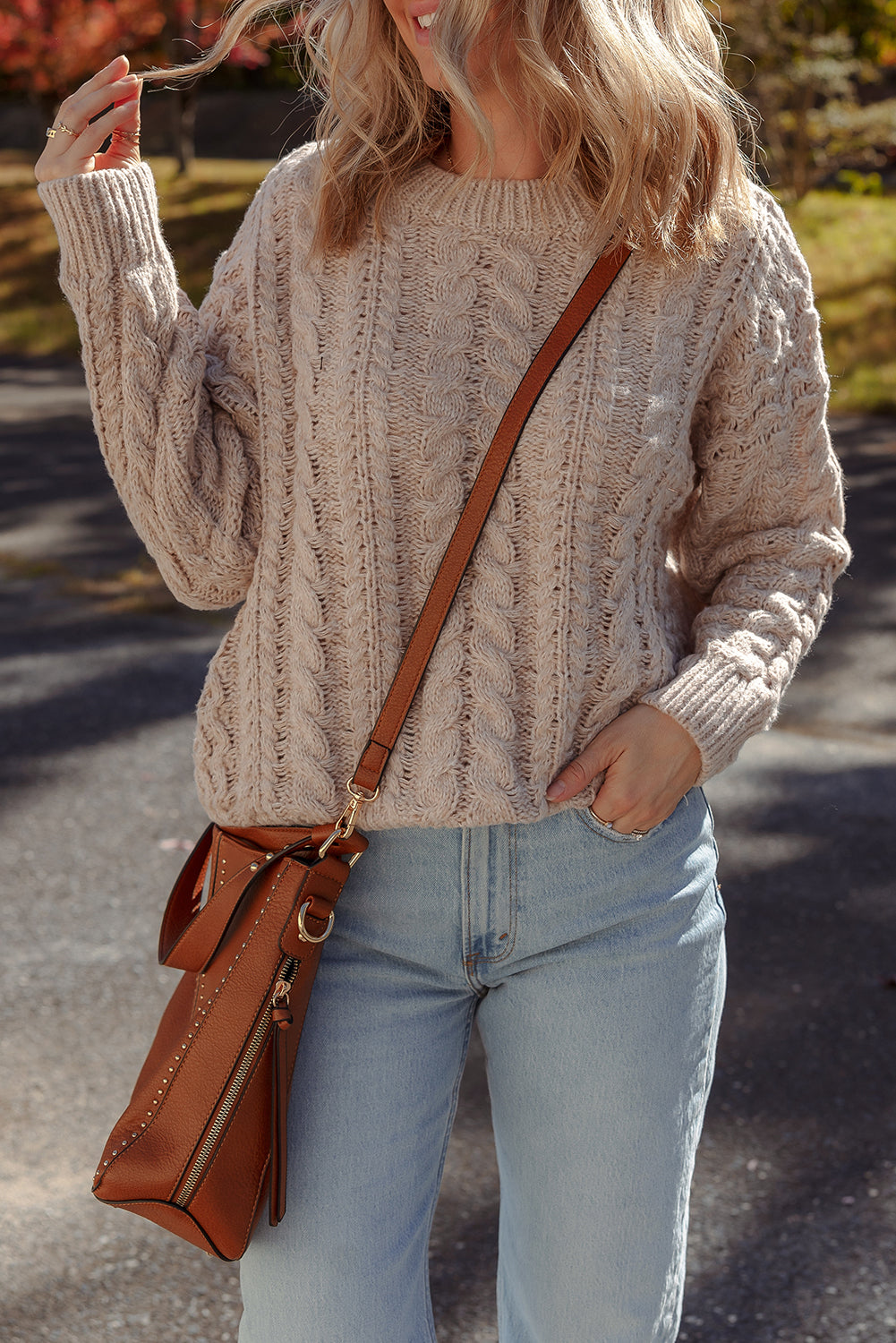 Parchment Cable Knit Crew Neck Drop Shoulder Casual Sweater