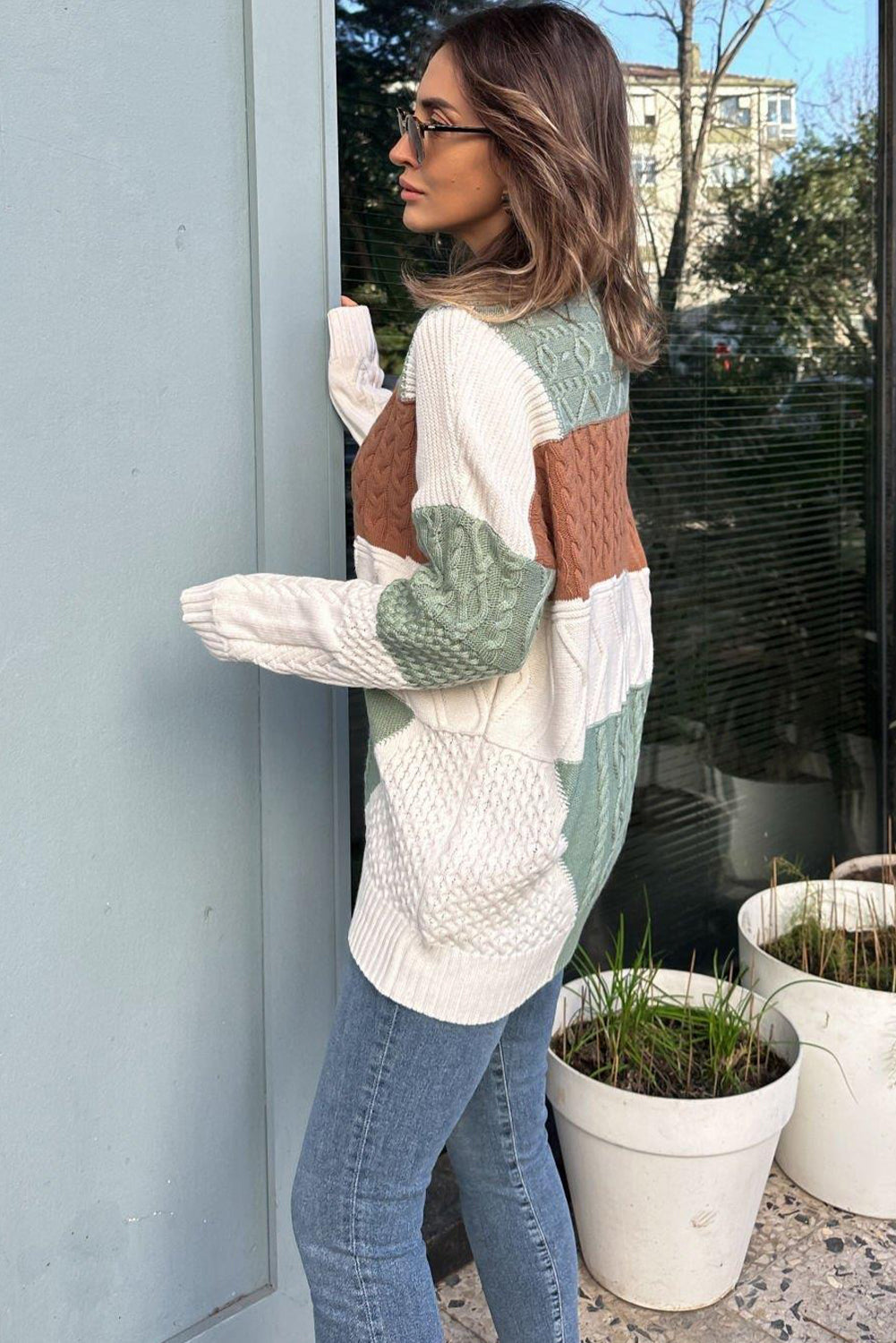 Green Cable Mix Texture Color Block Knit Baggy Sweater