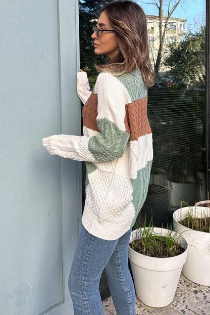 Green Cable Mix Texture Color Block Knit Baggy Sweater