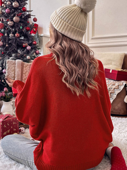 Festive Crimson Turtleneck Embroidered Letter Sweater