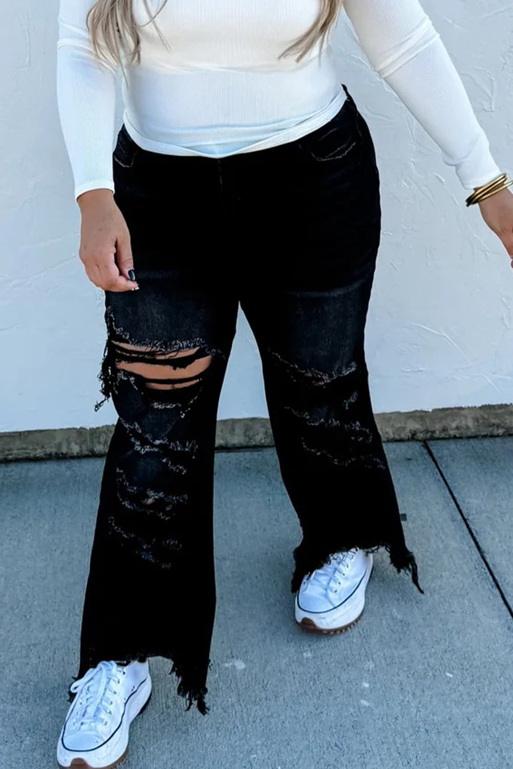 Black Asymmetric Distressed Raw Hem Cowgirl Jeans