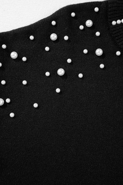 Black Pearled Drop Shoulder Round Neck Sweater