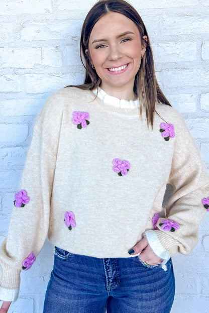 Beige Cute Flower Decor Contrast Trim Neck Cuffed Sweater