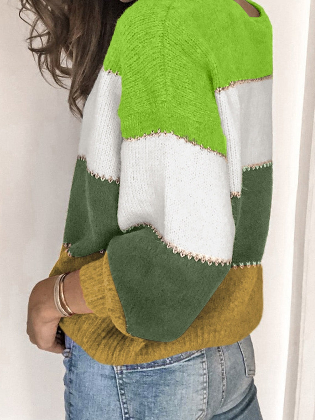 Green Color Block Winter Sweater - Stylish Pullover for Women