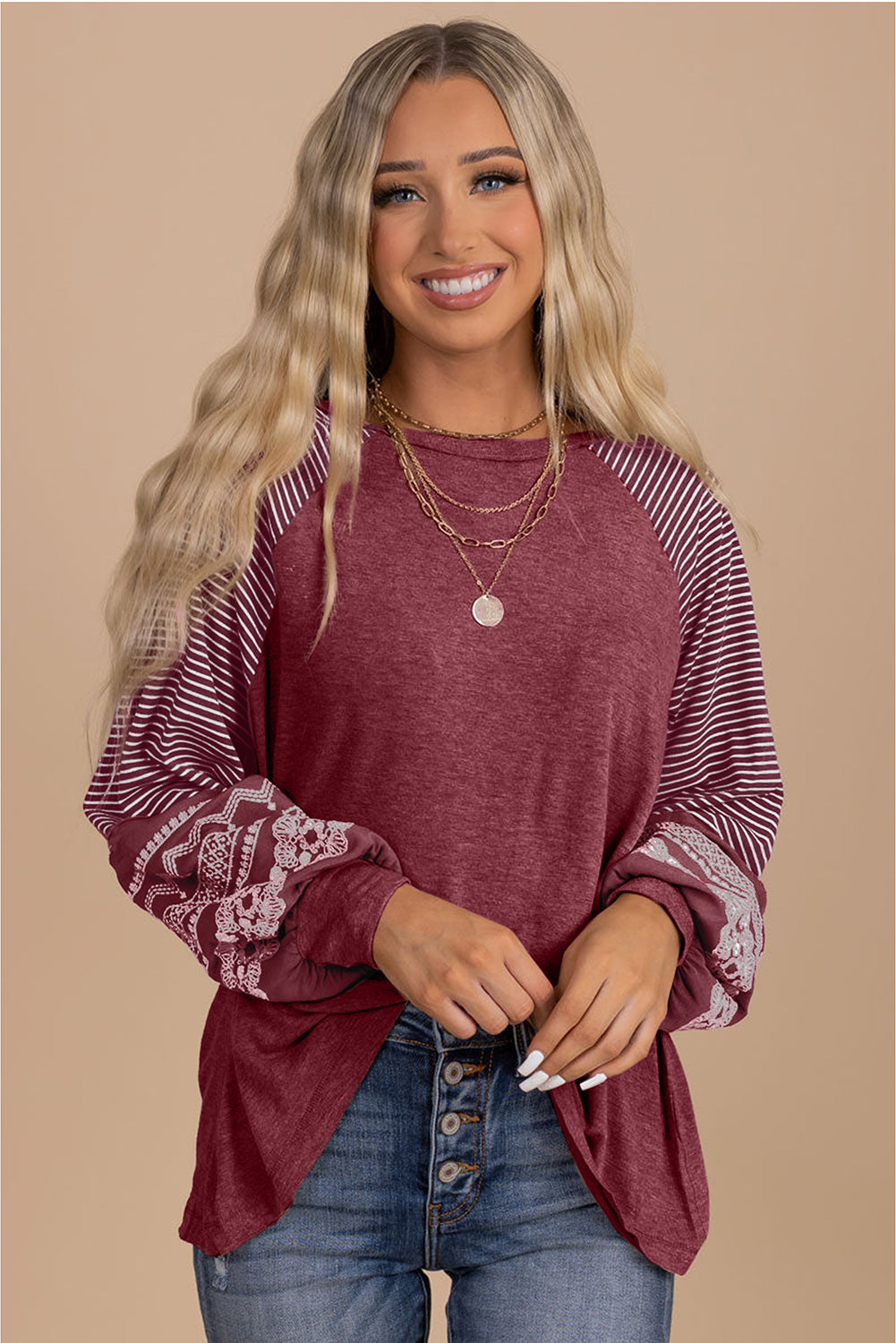 Burgundy Contrast Print Striped Raglan Long Sleeve Loose Top