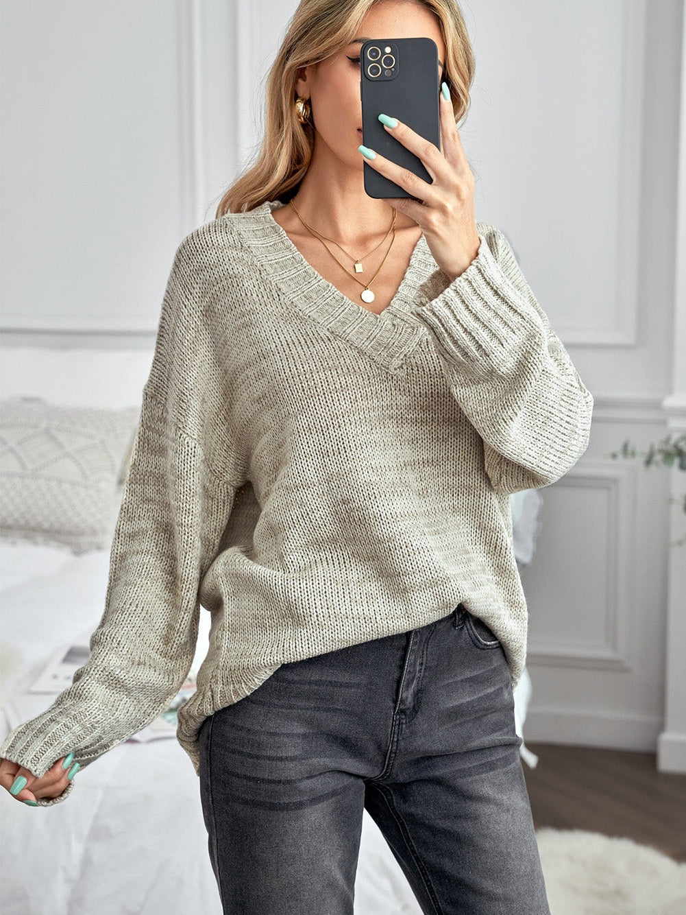 Khaki Drop Shoulder V-Neck Knit Pullover Sweater
