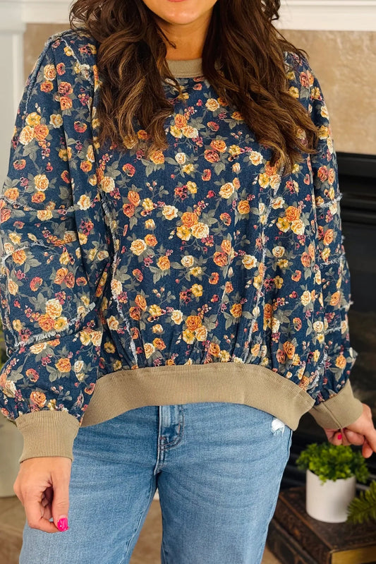 Dark Blue Vintage Floral Print Raw Seam Color Block Trim Denim Pullover