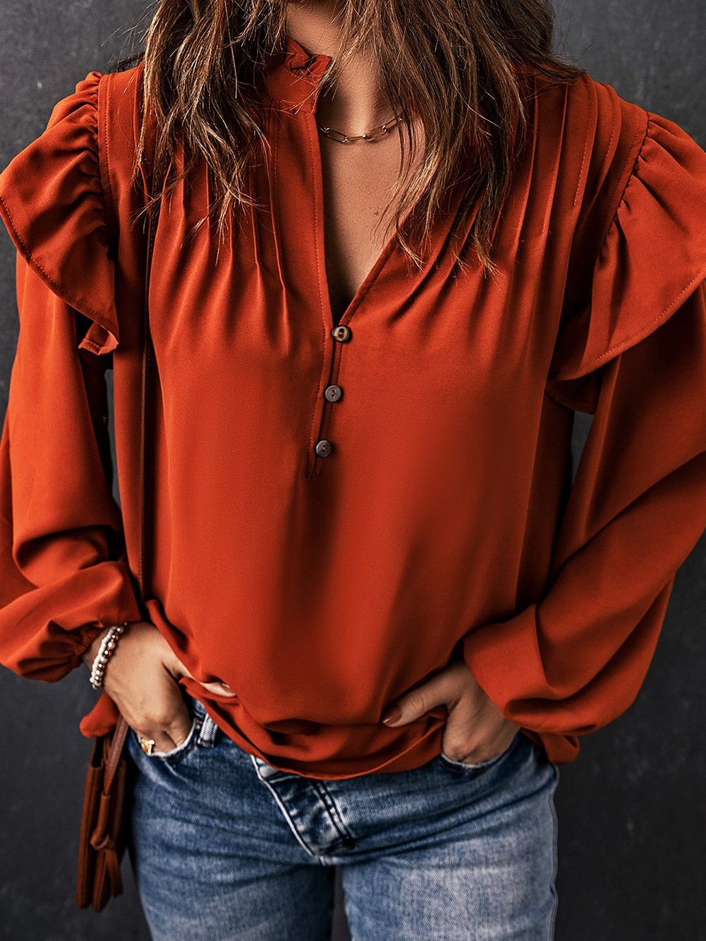 Elegant Brown V-Neck Ruffle Pleated Blouse