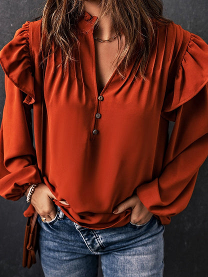 Elegant Brown V-Neck Ruffle Pleated Blouse