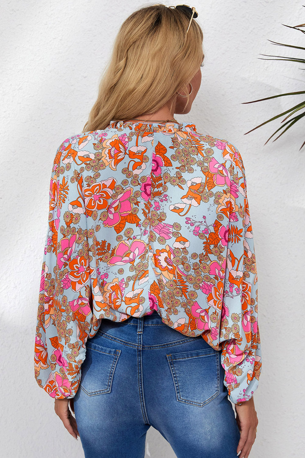 Elegant Floral Ruched V Neck Bohemian Blouse