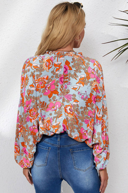 Elegant Floral Ruched V Neck Bohemian Blouse
