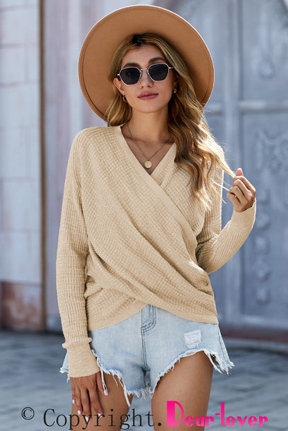 Apricot Wrap V Neck Waffle Sweater