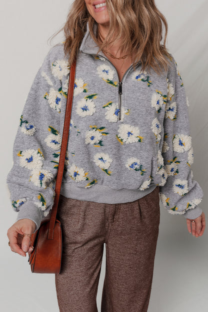 Sleet Plush Flower Pattern Zip Collar Loose Pullover Sweatshirt