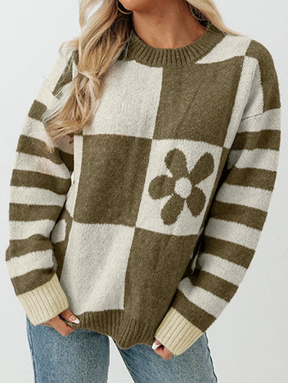 Green Checkered Floral and Striped Sleeve Sweater with Round Neck