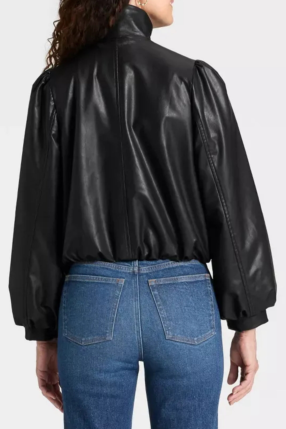 Black Collar Zip Up Puff Sleeve PU Leather Jacket