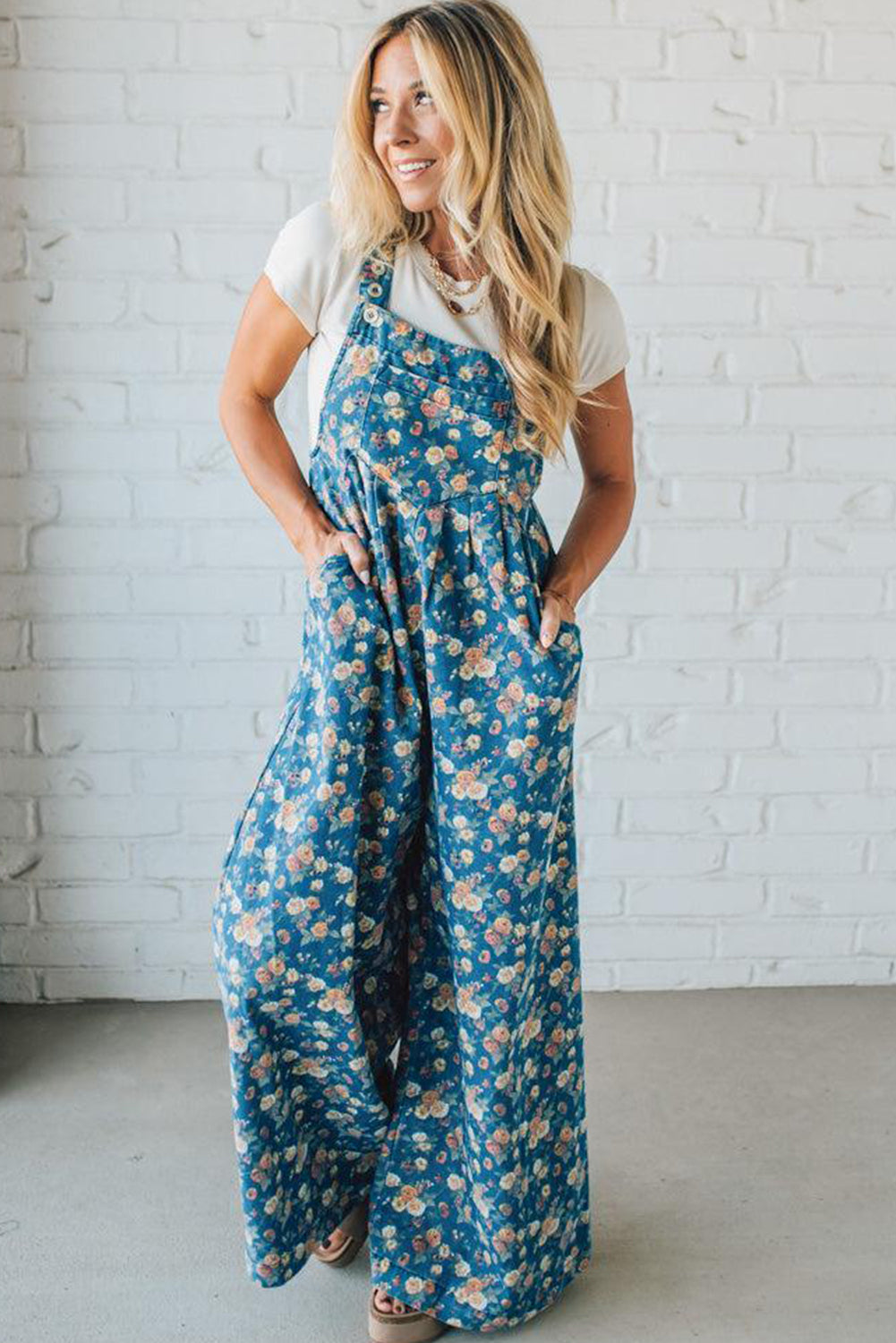 Blue Vintage Rose Printed Pleated Loose Denim Overall Jumpsuit