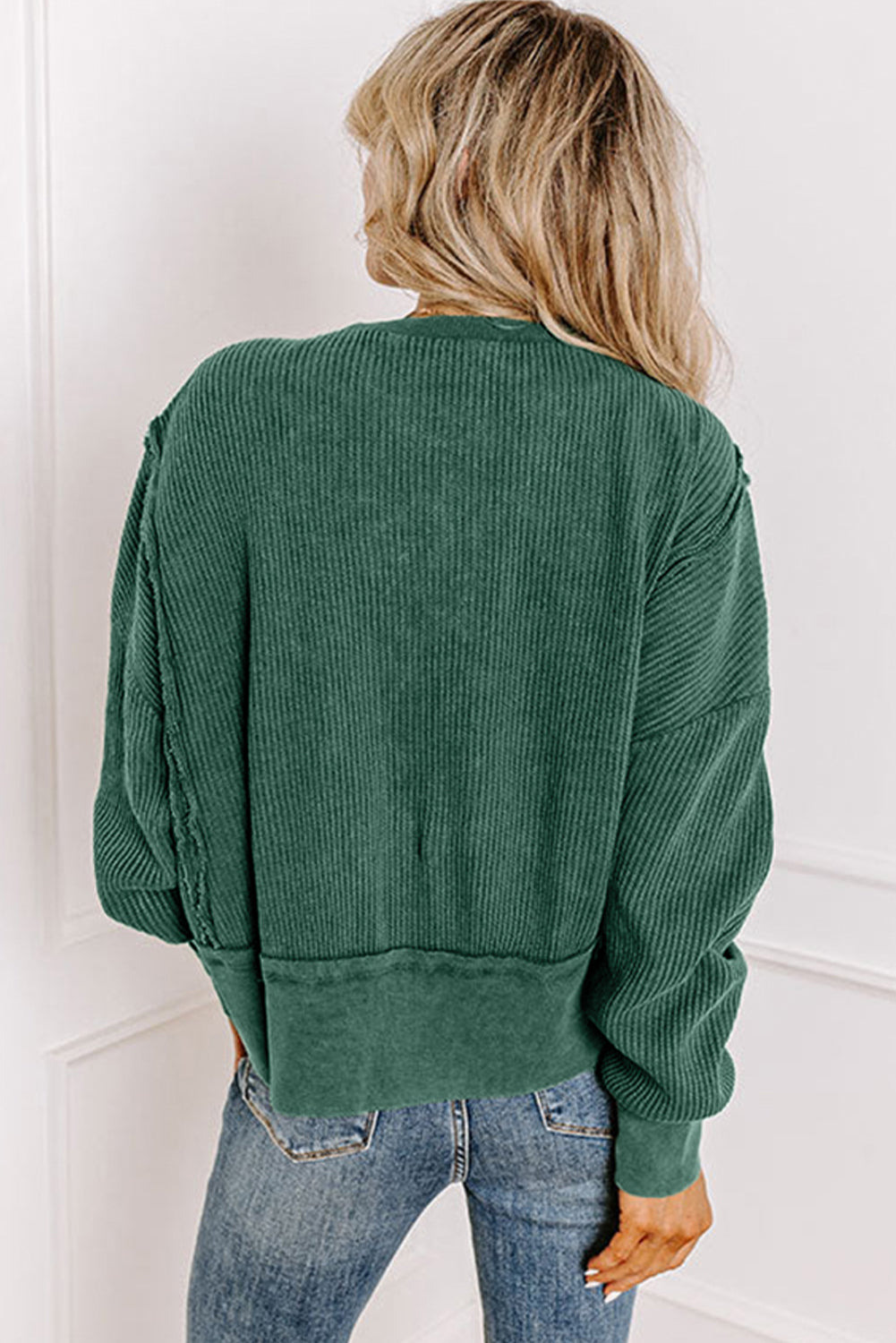 Evergreen Solid Color Raw Seam Patchwork Ribbed Drop Shoulder Sweatshirt