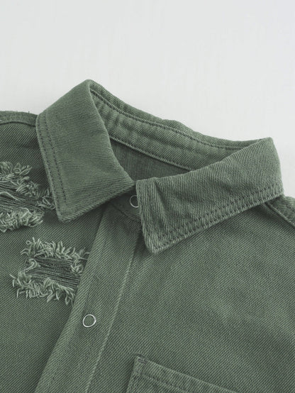 Green Distressed Cotton Shacket