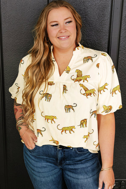 Wild Cheetah Print Beige Plus Size Puff Sleeve Blouse