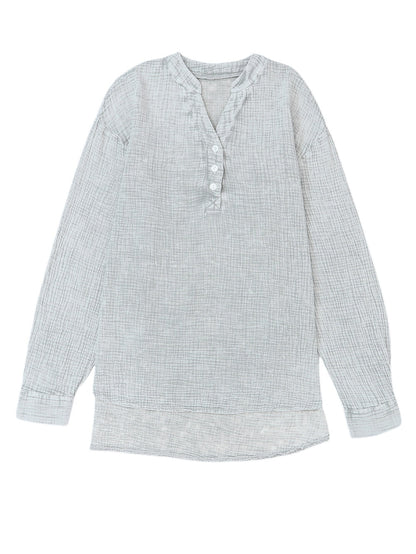 Gray Crinkle Texture Henley Top with Loose Fit