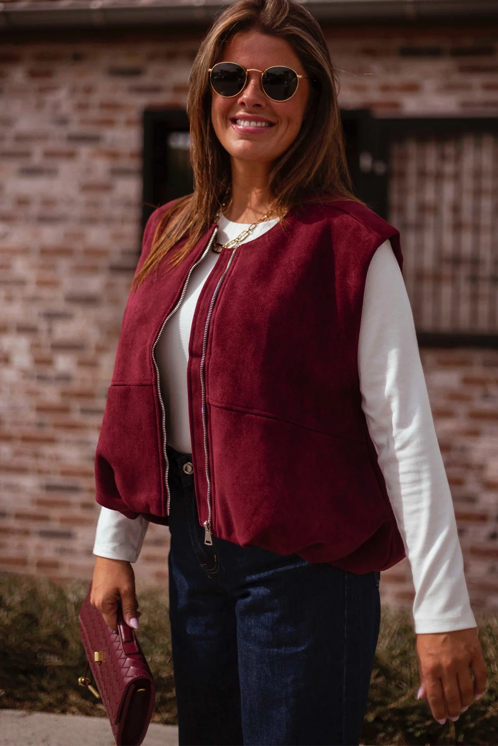 Burgundy Suede Zipped Sleeveless Vest